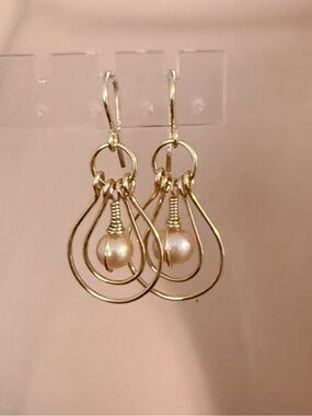 Double Nested Gold Teardrop Hoops Dangle Earrings with Pearl Accents